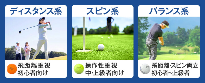 ゴルフボールのタイプ3つ
