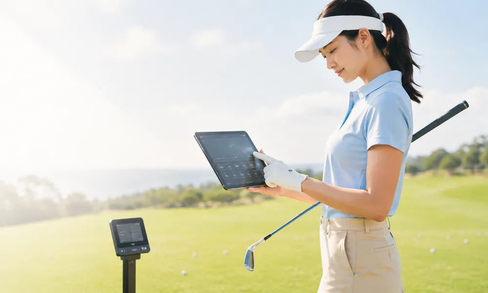 女性ゴルファーが計測器でヘッドスピードを確認しているイメージ