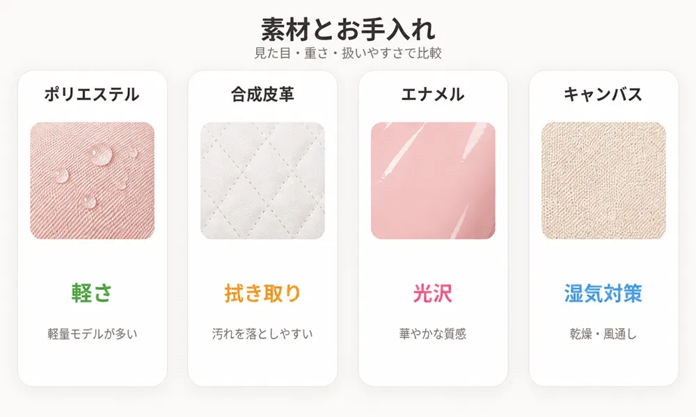 キャディバッグに使われるポリエステル、合成皮革、エナメルなどの素材