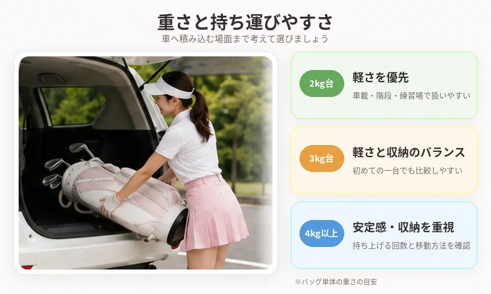 女性がキャディバッグを車へ積み込む様子と重さの目安