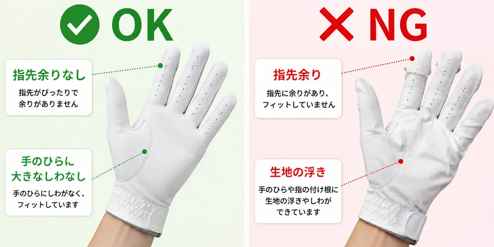 ゴルフグローブの正しいフィット感と大きすぎる状態の比較
