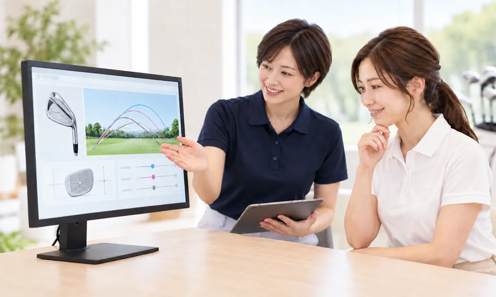 女性ゴルファーが女性スタッフと試打後の結果を確認する様子