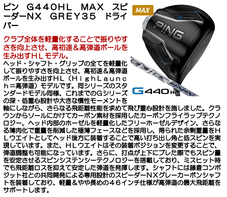 楽天市場】PING ピン G440 MAX ドライバー スピーダーNX GREY 35