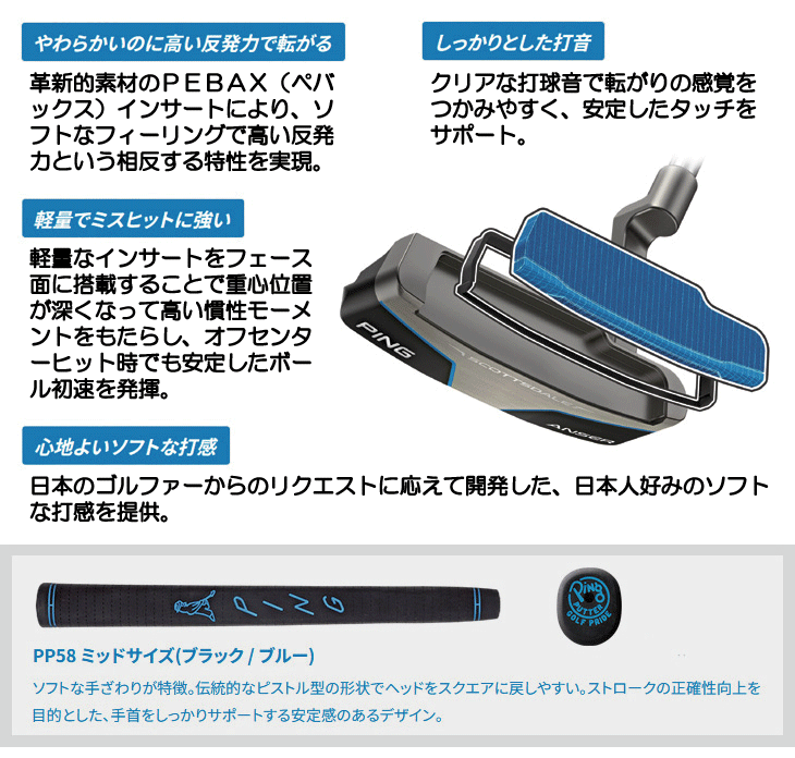 PING パターグリップ 3種セット　実測54g / 65g / 65g ピン 2025 スコッツデール B63 パター （PP58ミッドサイズグリップ装着