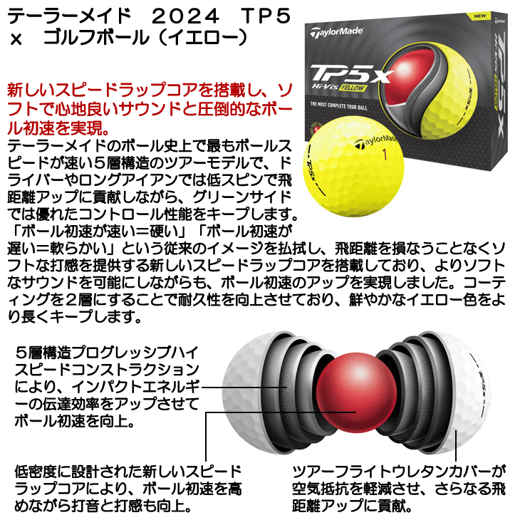 テーラーメイド 2024 TP5x ゴルフボール (イエロー) [1ダース テーラーメイド 2024 TP5x ゴルフボール (イエロー) [1ダース