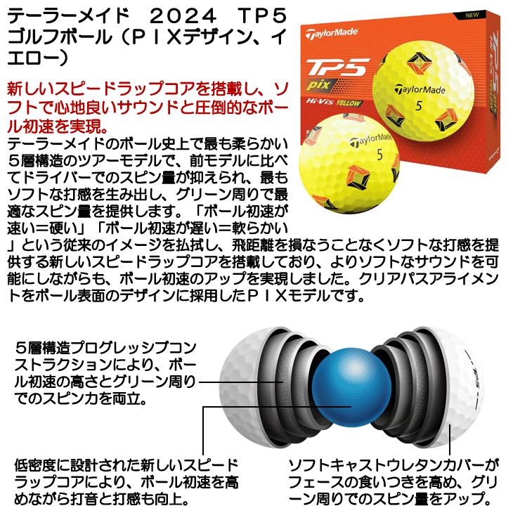 テーラーメイド 2024 TP5 ゴルフボール (PIXデザイン､イエロー) [1
