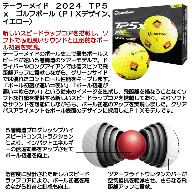 テーラーメイド 2024 TP5x ゴルフボール (PIXデザイン､イエロー) [1