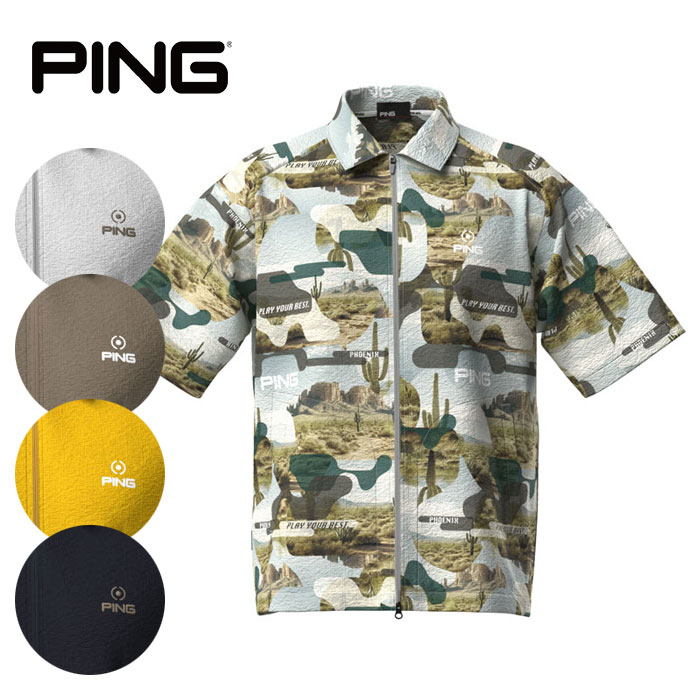 メンズ ピン ゴルフウェア 半袖シャツ シアサッカー半袖フルジップ