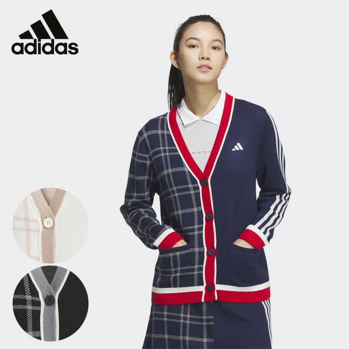 新品 アディダスゴルフ ニットセットアップ（カーディガン＆スカート）Lサイズ レディース アディダス ゴルフウェア セーター アシンメトリーパターン