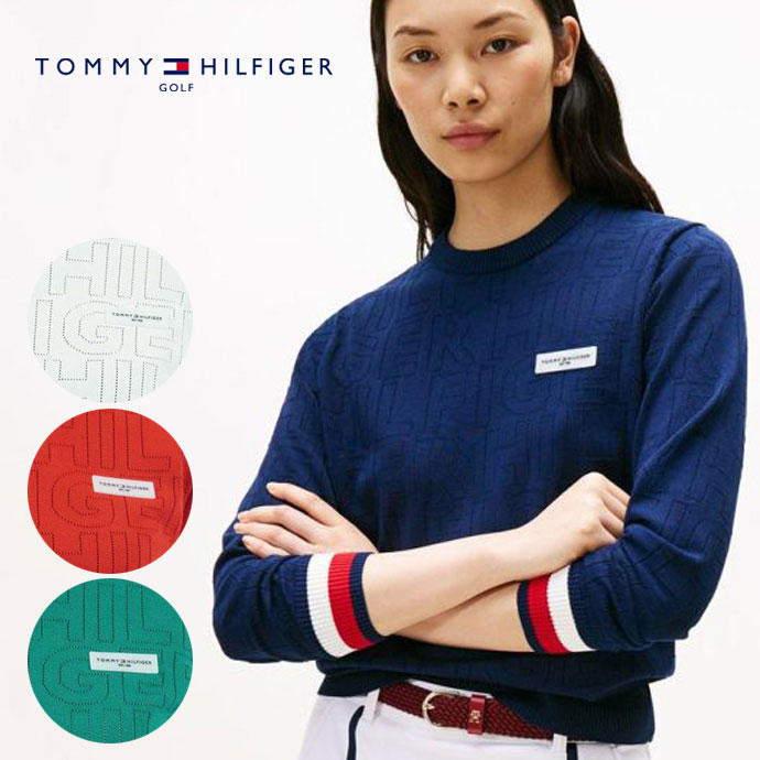【トミーヒルフィガーゴルフ】2022年人気ロゴ総柄 長袖ゴルフニットワンピースM レディース トミーヒルフィガー ゴルフウェア セーター ドットロゴ
